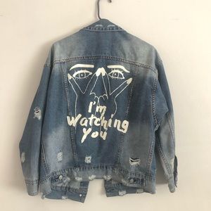 “I’m Watching You” Graphic Oversized Denim Jacket